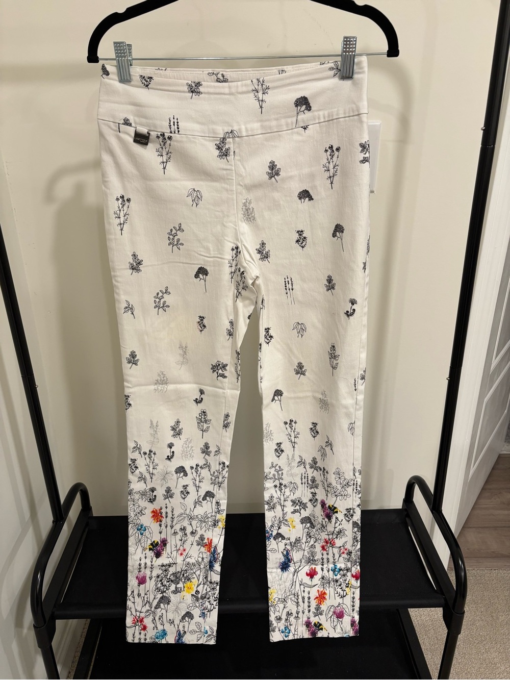 LISETTE White Leggings with Black Botanical Print and Multicolor Hem